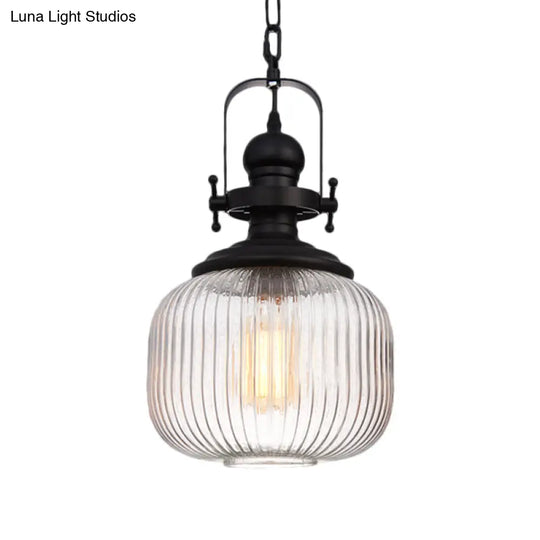 Industrial Striped Glass Ceiling Light With Black Cylinder/Oval Design - 1 Pendant Lighting Fixture