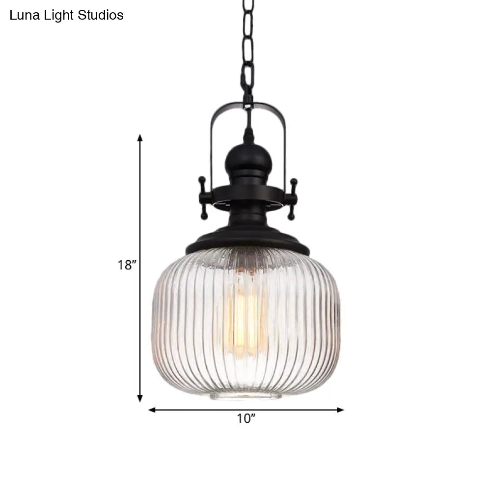 Industrial Striped Glass Ceiling Pendant Light For Living Room - Black Cylinder/Oval Shape 1-Light