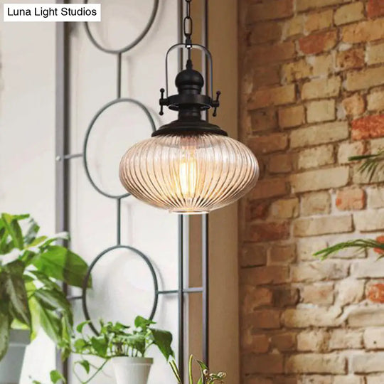 Industrial Striped Glass Ceiling Pendant Light For Living Room - Black Cylinder/Oval Shape 1-Light