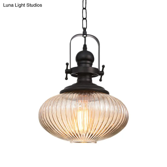 Industrial Striped Glass Ceiling Pendant Light For Living Room - Black Cylinder/Oval Shape 1-Light