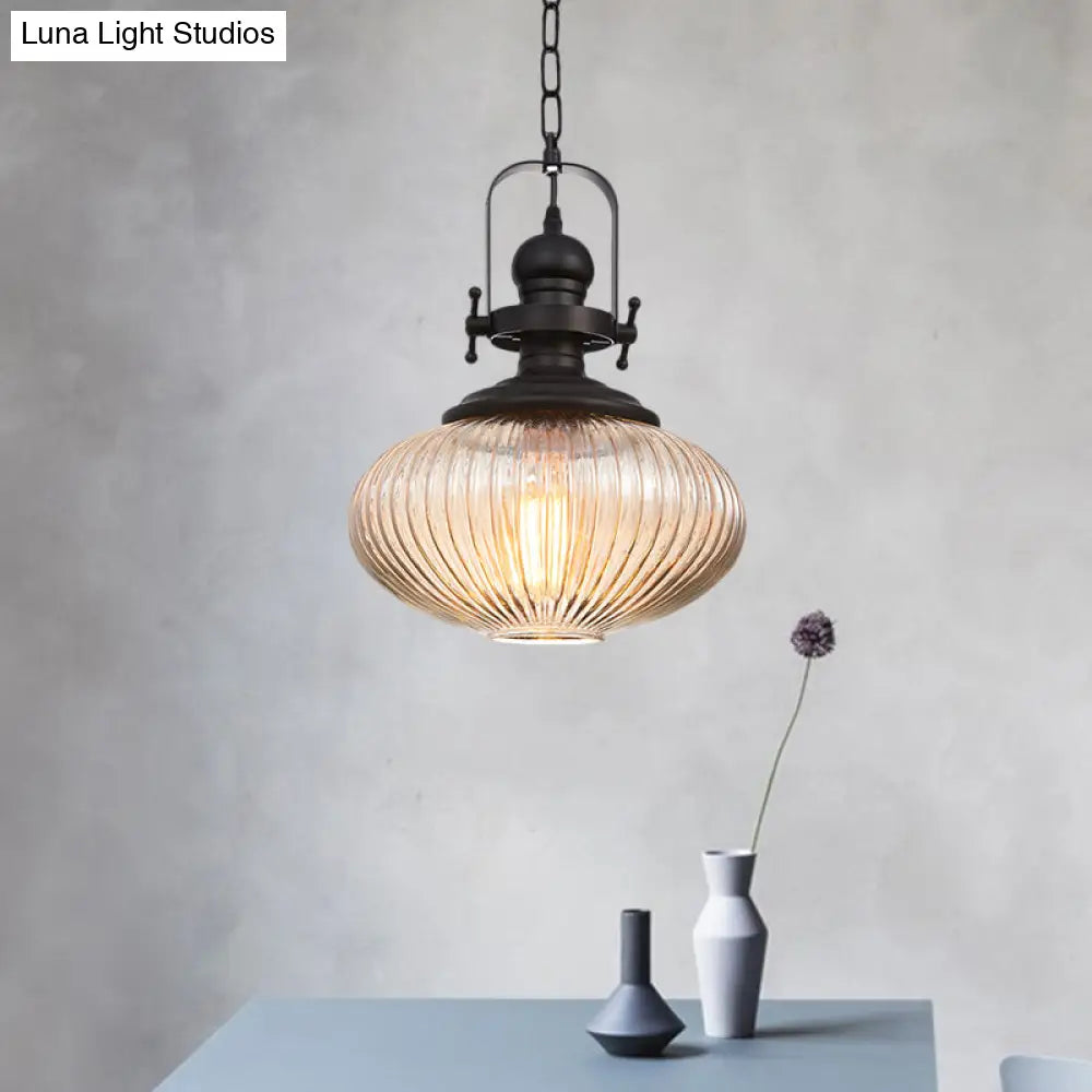 Industrial Striped Glass Ceiling Light With Black Cylinder/Oval Design - 1 Pendant Lighting Fixture