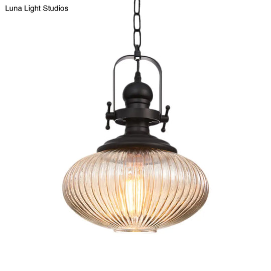 Industrial Striped Glass Ceiling Light With Black Cylinder/Oval Design - 1 Pendant Lighting Fixture