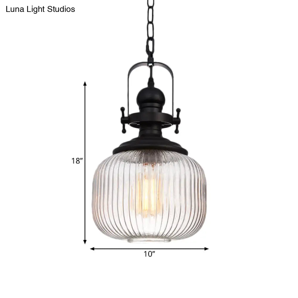 Industrial Striped Glass Ceiling Light With Black Cylinder/Oval Design - 1 Pendant Lighting Fixture