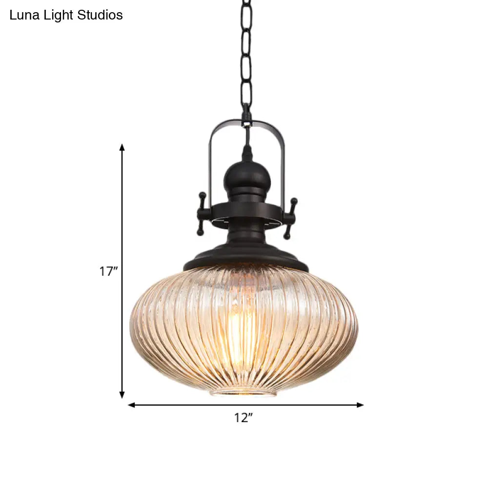 Industrial Striped Glass Ceiling Light With Black Cylinder/Oval Design - 1 Pendant Lighting Fixture