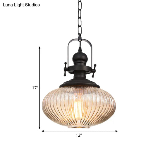 Industrial Striped Glass Ceiling Light With Black Cylinder/Oval Design - 1 Pendant Lighting Fixture