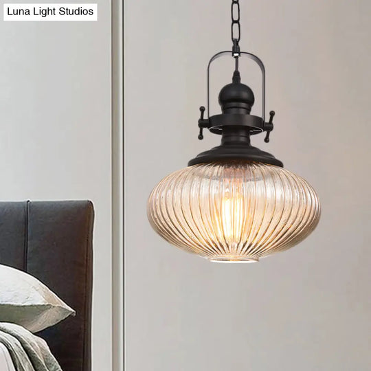 Industrial Striped Glass Ceiling Light With Black Cylinder/Oval Design - 1 Pendant Lighting Fixture