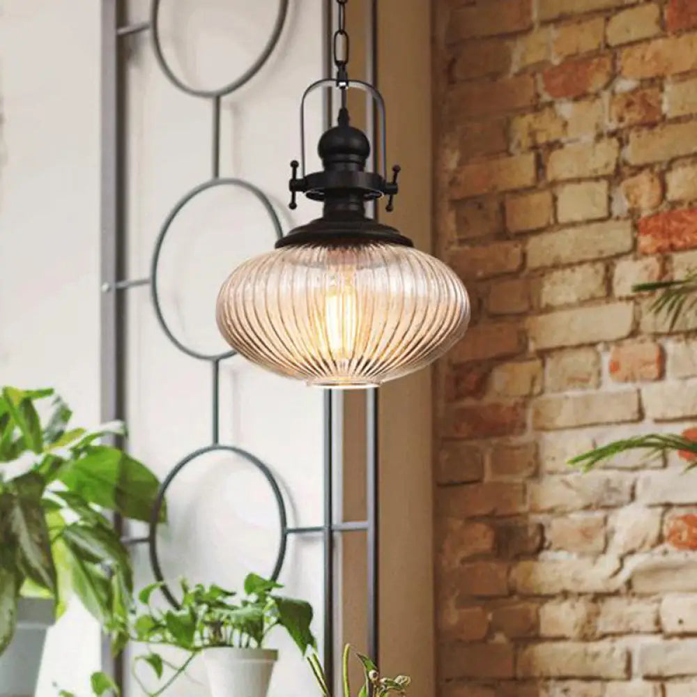 Industrial Striped Glass Ceiling Light With Black Cylinder/Oval Design - 1 Pendant Lighting Fixture