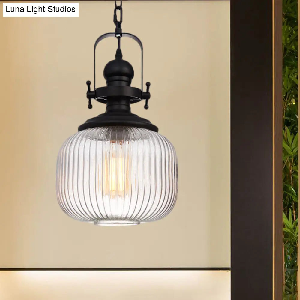 Industrial Striped Glass Ceiling Pendant Light For Living Room - Black Cylinder/Oval Shape 1-Light