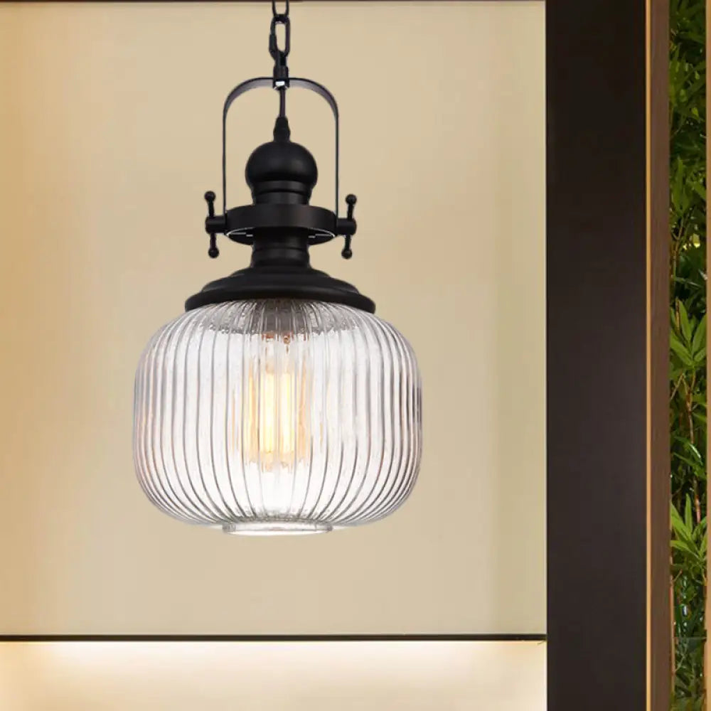 Industrial Striped Glass Ceiling Light With Black Cylinder/Oval Design - 1 Pendant Lighting Fixture