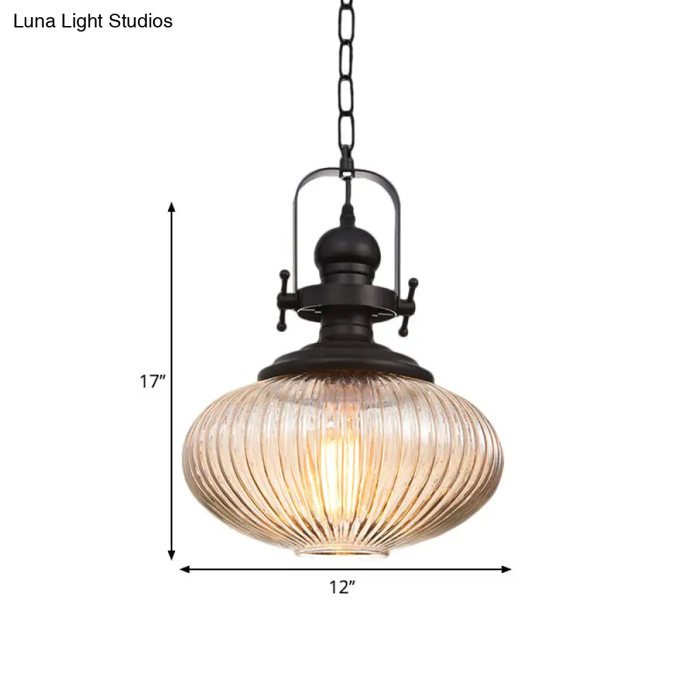 Industrial Striped Glass Ceiling Pendant Light For Living Room - Black Cylinder/Oval Shape 1-Light