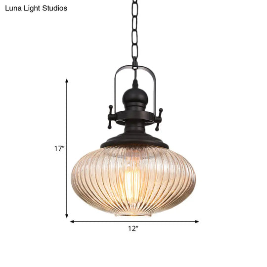 Industrial Striped Glass Ceiling Pendant Light For Living Room - Black Cylinder/Oval Shape 1-Light