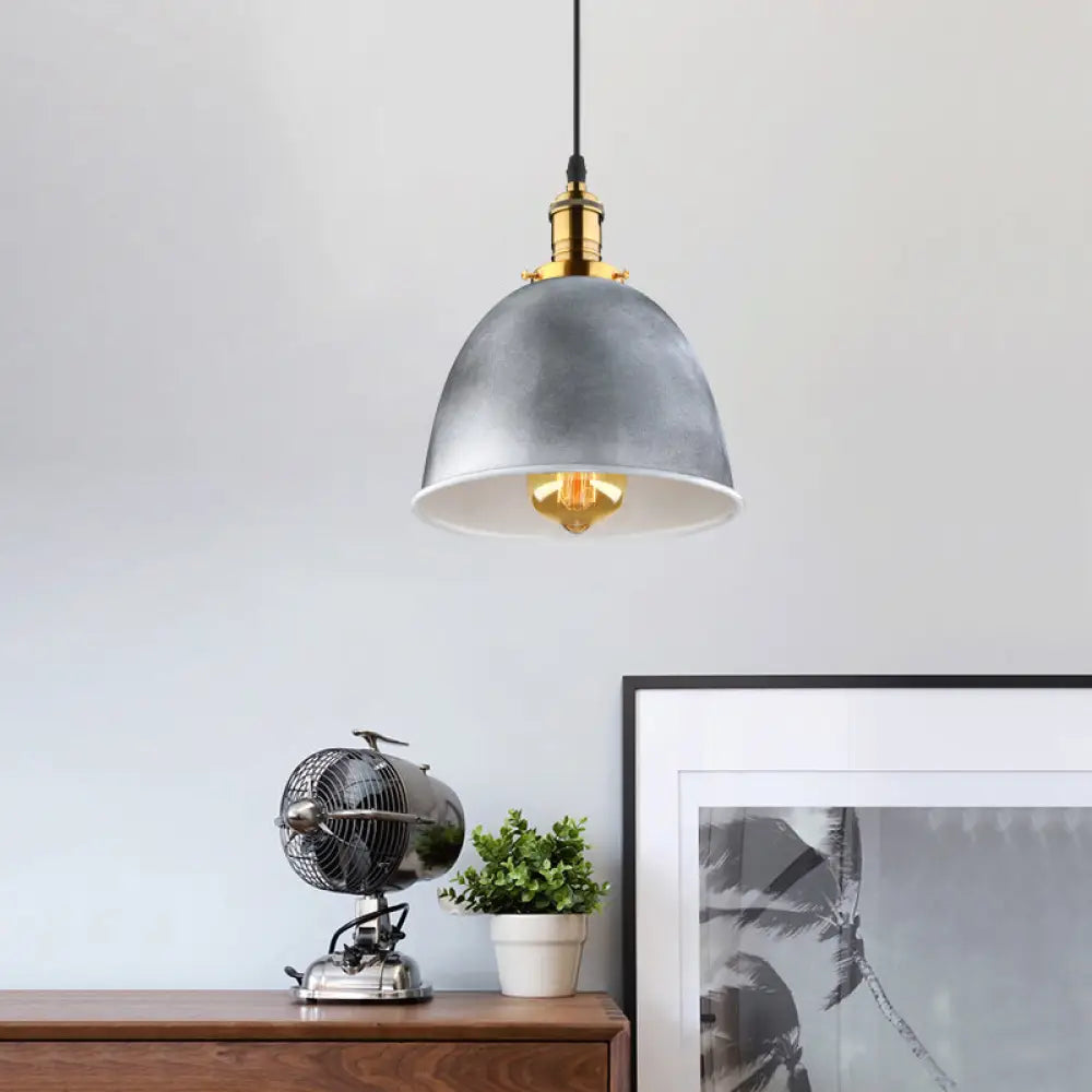 Industrial Style 1-Head Iron Dining Room Hanging Fixture With Aged Silver Bell Shade