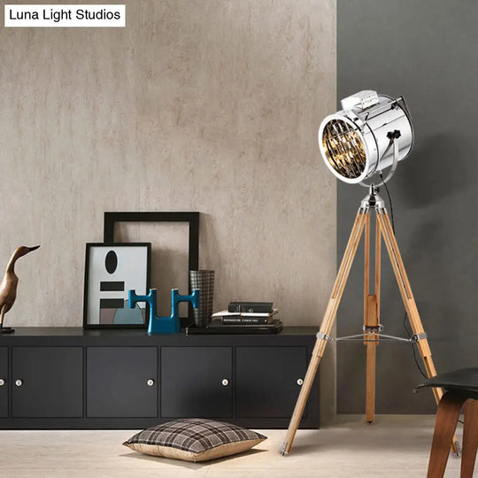 Industrial Style 1-Head Metallic Cylinder Spotlight Floor Lamp In Black/Wood With Tripod