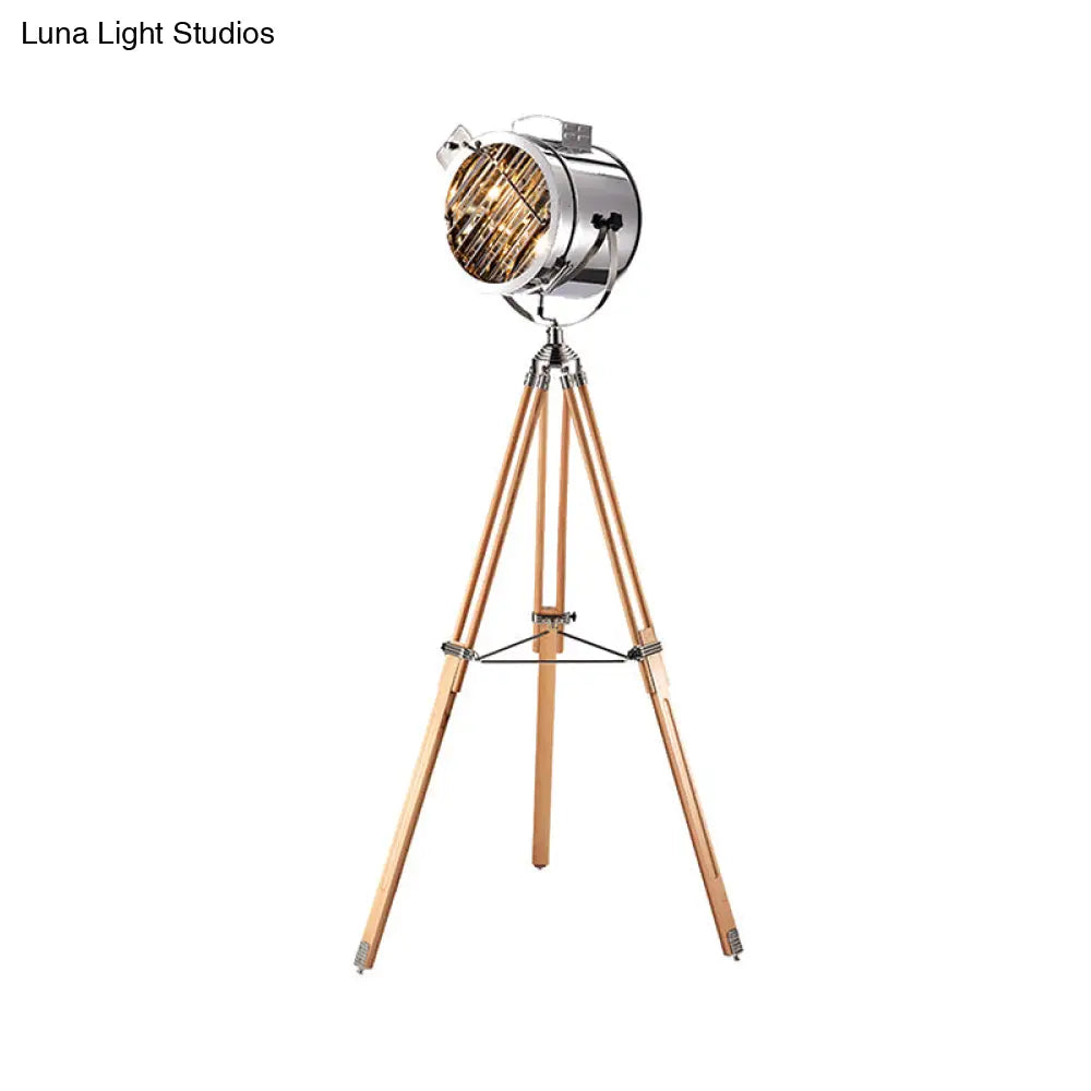 Industrial Style 1-Head Metallic Cylinder Spotlight Floor Lamp In Black/Wood With Tripod