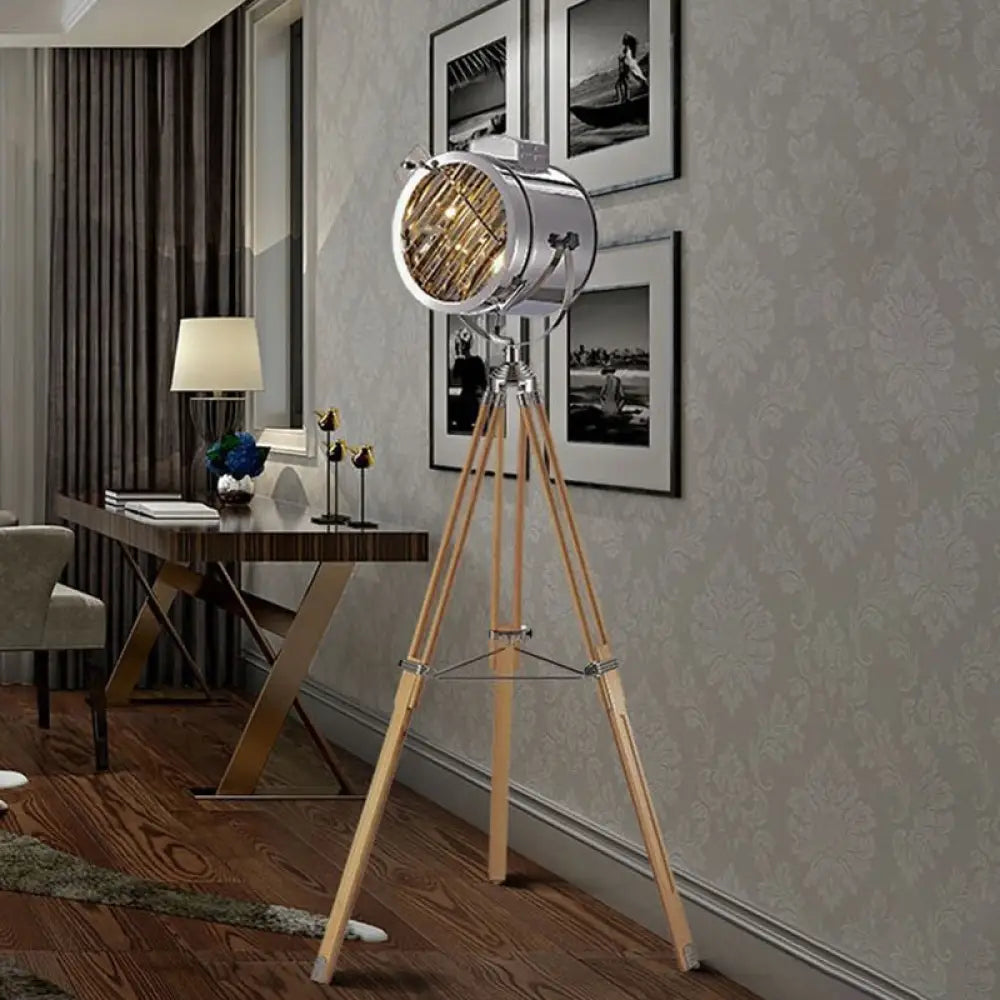 Industrial Style 1-Head Metallic Cylinder Spotlight Floor Lamp In Black/Wood With Tripod Wood