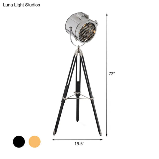 Industrial Style 1-Head Metallic Cylinder Spotlight Floor Lamp In Black/Wood With Tripod