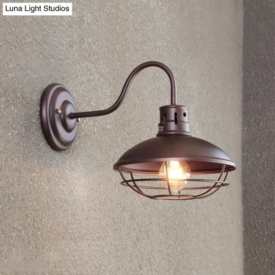 Industrial Style 1-Light Bistro Sconce Wall Light - Wide Bowl Iron Lamp With Bottom Wire Cage In