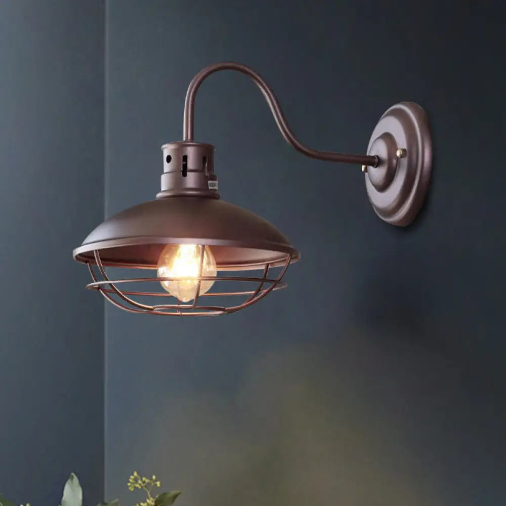 Industrial Style 1-Light Bistro Sconce Wall Light - Wide Bowl Iron Lamp With Bottom Wire Cage In