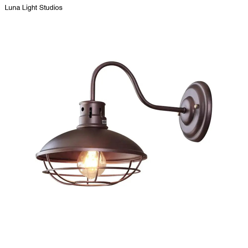 Industrial Style 1-Light Bistro Sconce Wall Light - Wide Bowl Iron Lamp With Bottom Wire Cage In