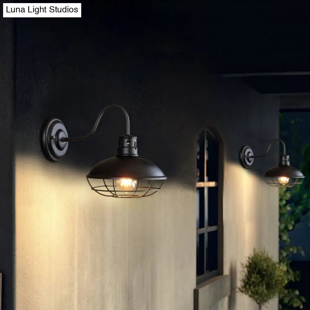 Industrial Style 1-Light Bistro Sconce Wall Light - Wide Bowl Iron Lamp With Bottom Wire Cage In