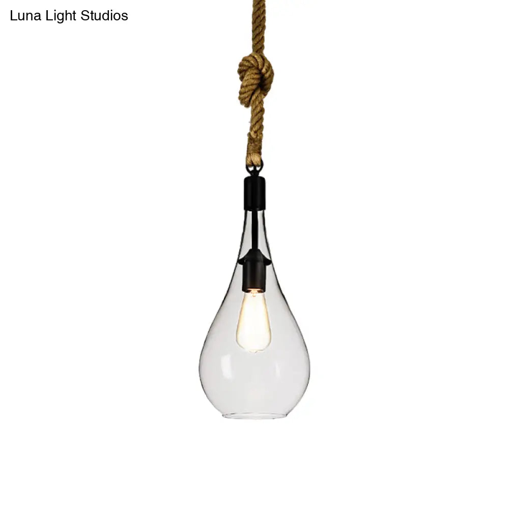 Industrial Style 1-Light Clear Glass Pendant Lighting For Bedroom With Adjustable Rope