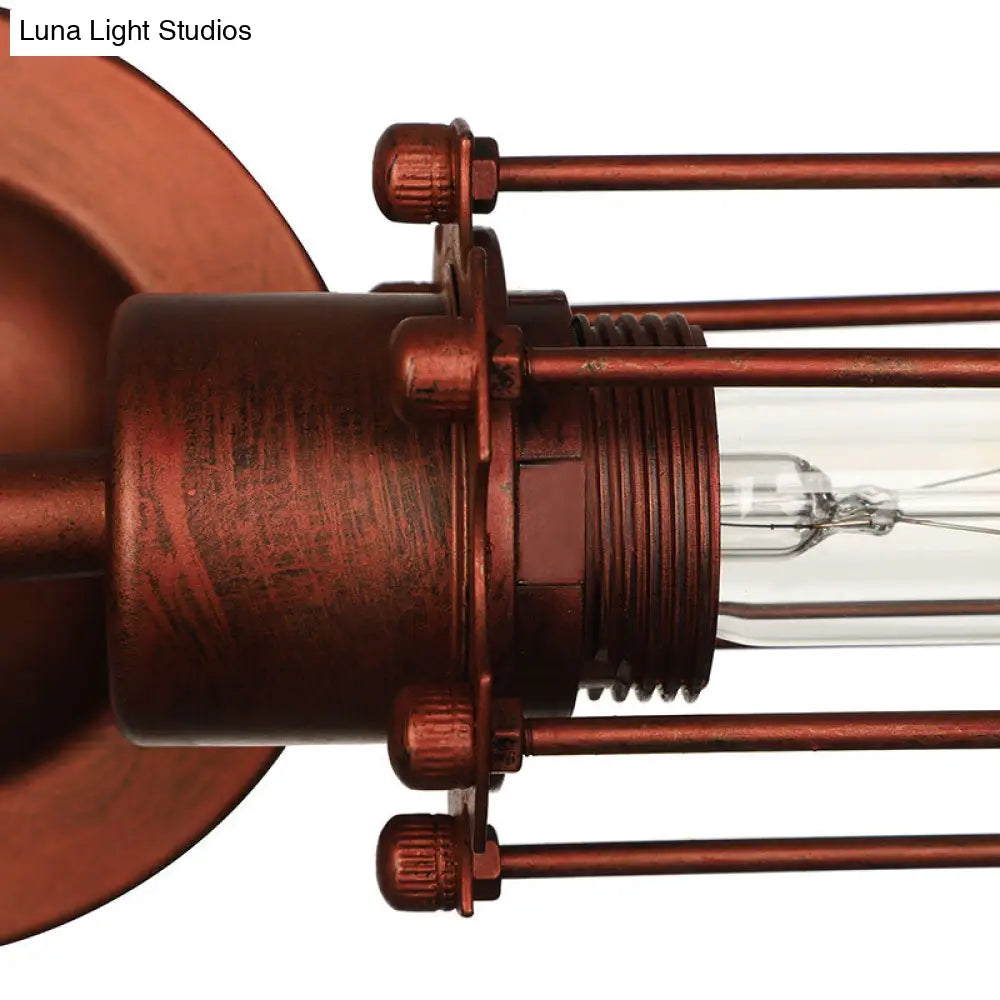 Industrial Style 2-Light Tube Cage Wall Lamp In Rust/Black For Hallway/Corridor Lighting