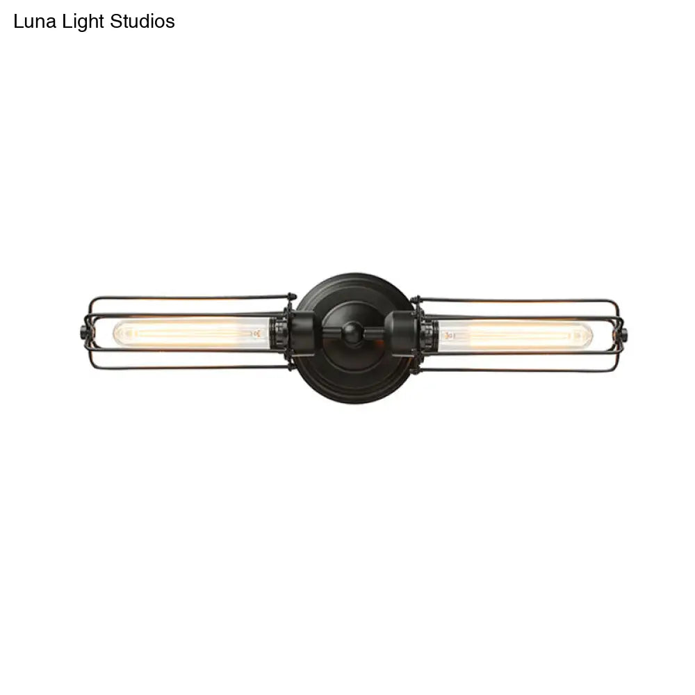 Industrial Style 2-Light Tube Cage Wall Lamp In Rust/Black For Hallway/Corridor Lighting