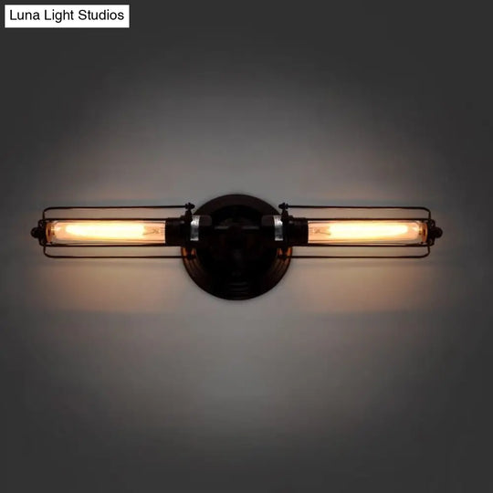 Industrial Style 2-Light Tube Cage Wall Lamp In Rust/Black For Hallway/Corridor Lighting