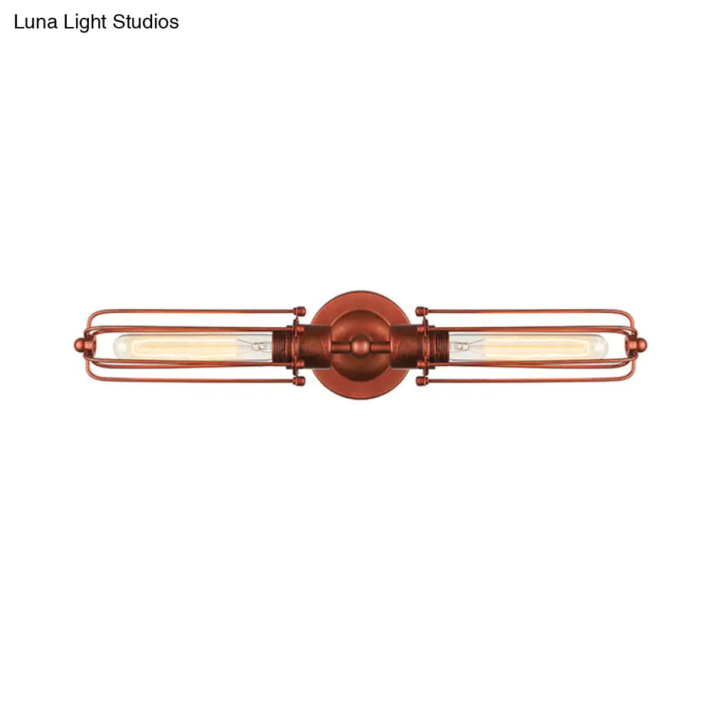 Industrial Style 2-Light Tube Cage Wall Lamp In Rust/Black For Hallway/Corridor Lighting