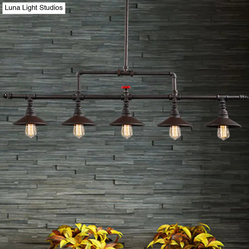 Industrial Style 3/5-Head Pendant Lighting With Cone Shade And Red Valve In Rust Finish