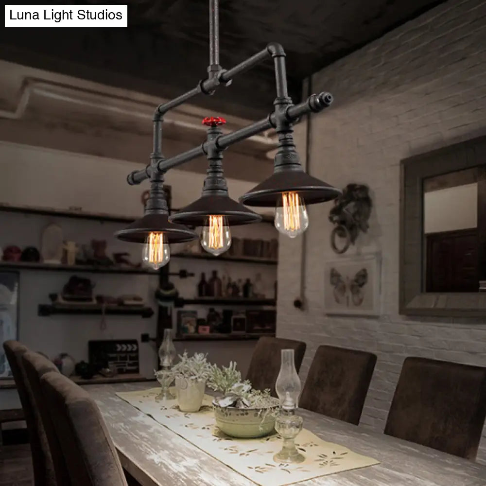 Industrial Style 3/5-Head Pendant Lighting With Cone Shade And Red Valve In Rust Finish