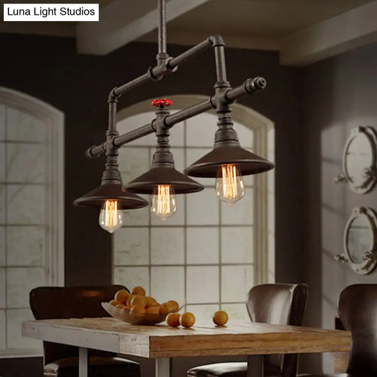 Industrial Style 3/5-Head Pendant Lighting With Cone Shade And Red Valve In Rust Finish