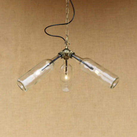Industrial Style 3-Light Glass Bottle Chandelier With Pipe Design In Black/Clear Clear