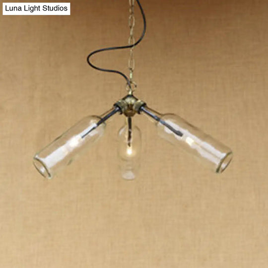 Industrial Glass Bottle Chandelier - 3-Light Hanging Ceiling Light With Pipe Design (Black/Clear)