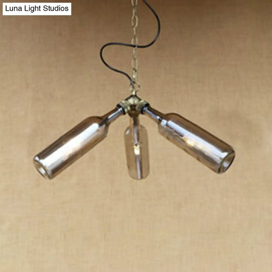 Industrial Glass Bottle Chandelier - 3-Light Hanging Ceiling Light With Pipe Design (Black/Clear)