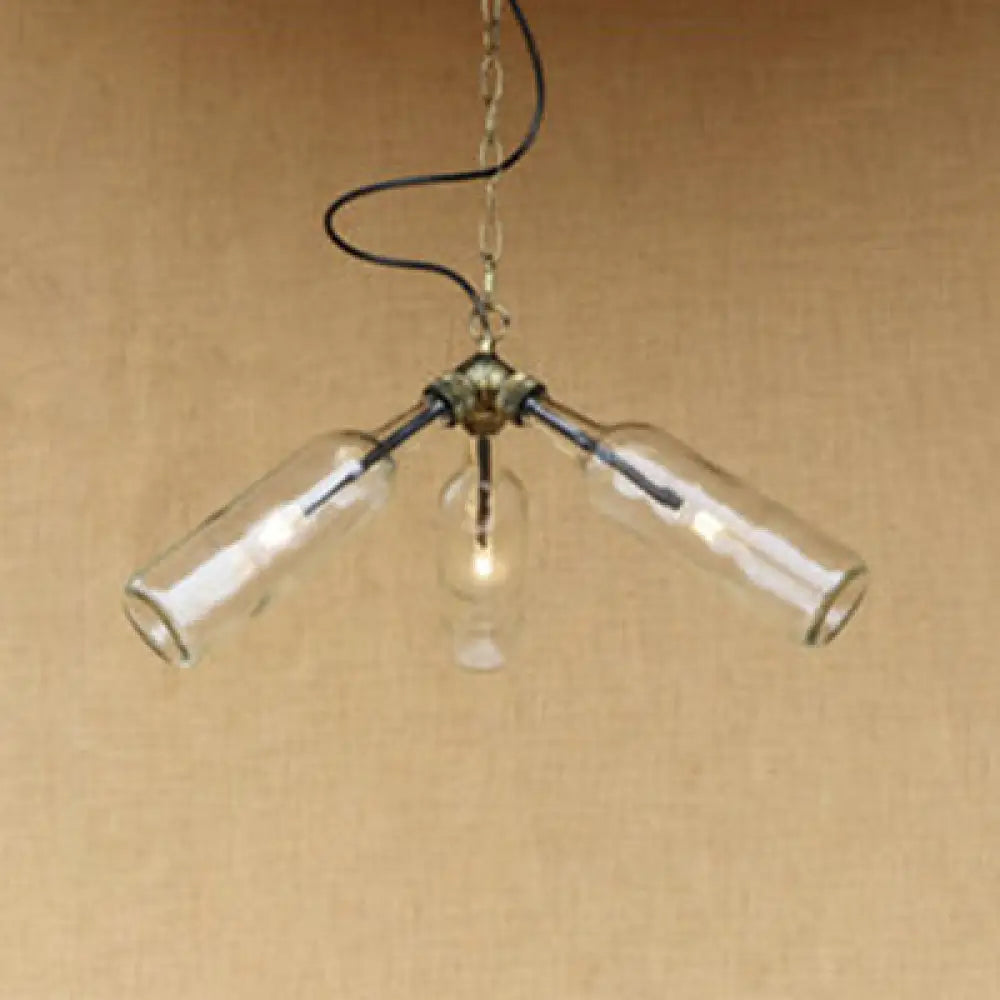 Industrial Style 3-Light Glass Bottle Chandelier With Pipe Design In Black/Clear Clear