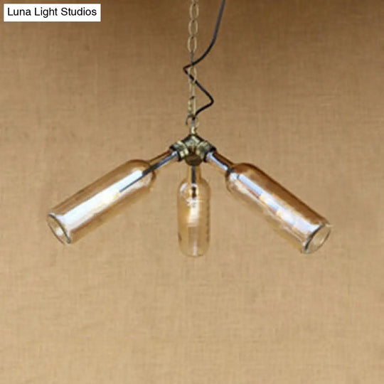 Industrial Glass Bottle Chandelier - 3-Light Hanging Ceiling Light With Pipe Design (Black/Clear)