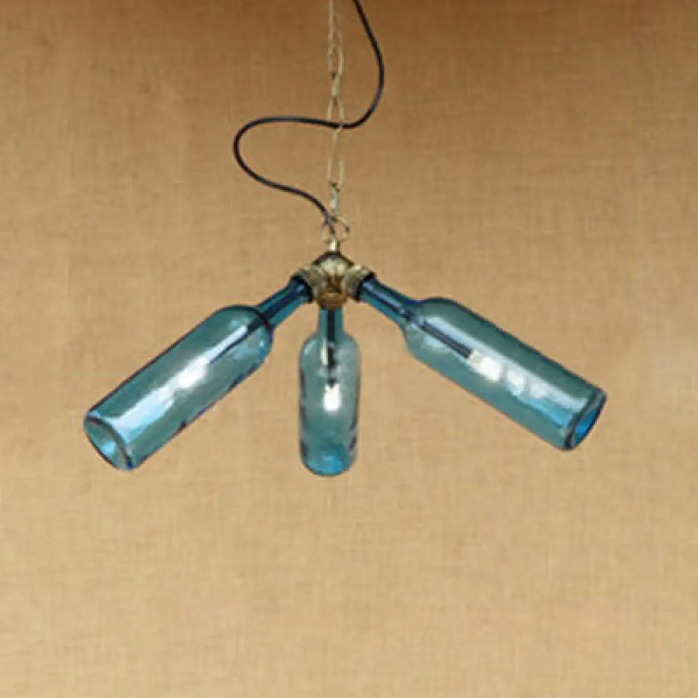 Industrial Style 3-Light Glass Bottle Chandelier With Pipe Design In Black/Clear Blue