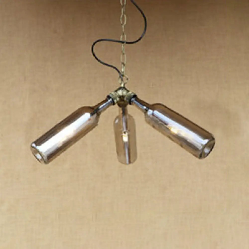 Industrial Style 3-Light Glass Bottle Chandelier With Pipe Design In Black/Clear Smoke Gray