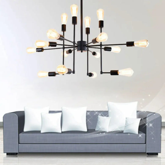 Industrial Style 4-Sided Chandelier – 16 Bulbs Black Metal - Ideal For Living Room Ceiling