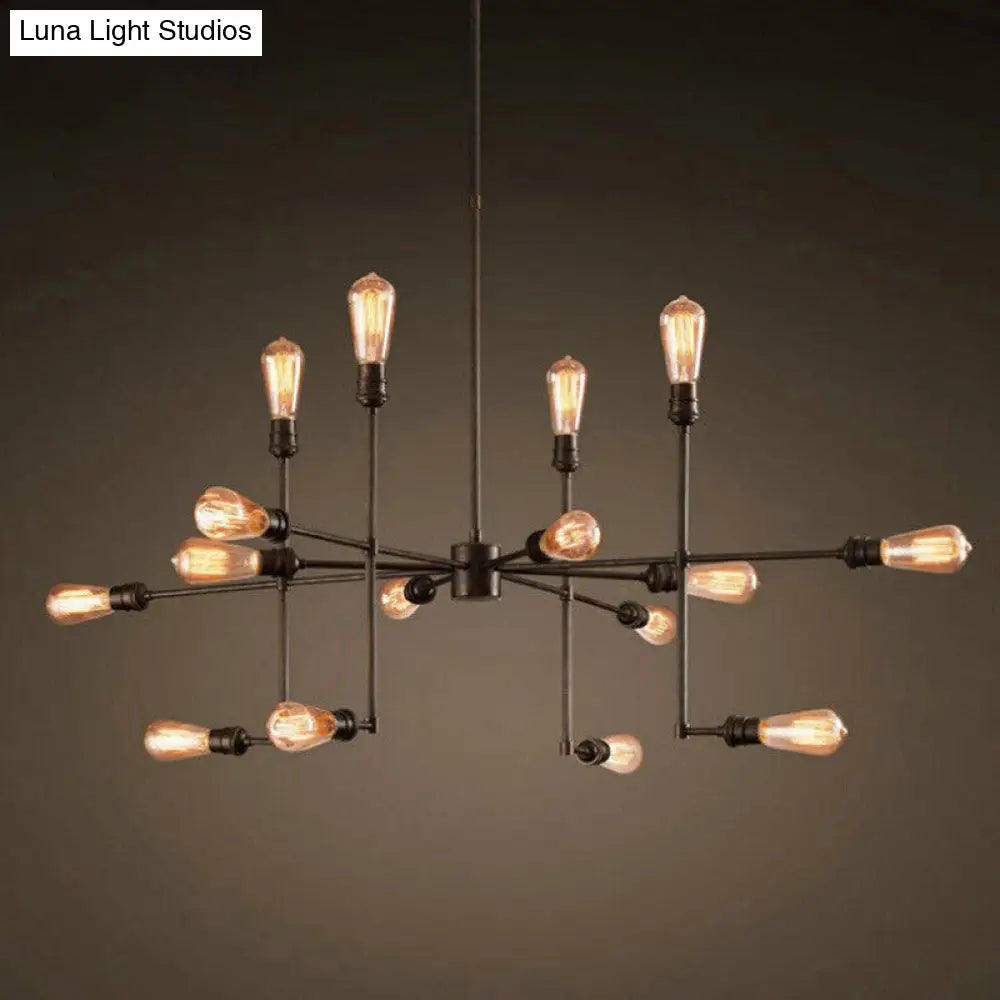 Industrial Style Black Metal Chandelier - 16 Bulbs 4-Sided Ceiling Hang Light For Living Room