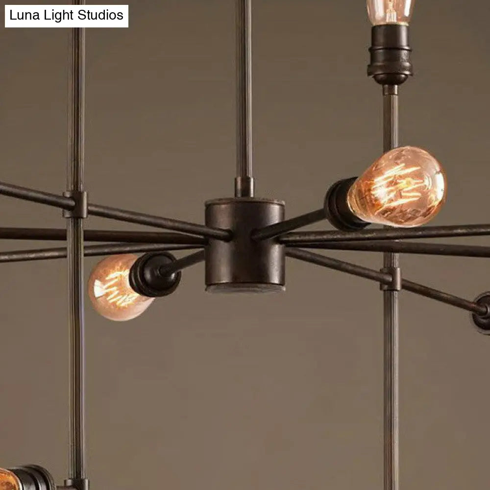 Industrial Style 4-Sided Chandelier – 16 Bulbs Black Metal - Ideal For Living Room Ceiling