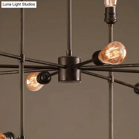 Industrial Style Black Metal Chandelier - 16 Bulbs 4-Sided Ceiling Hang Light For Living Room