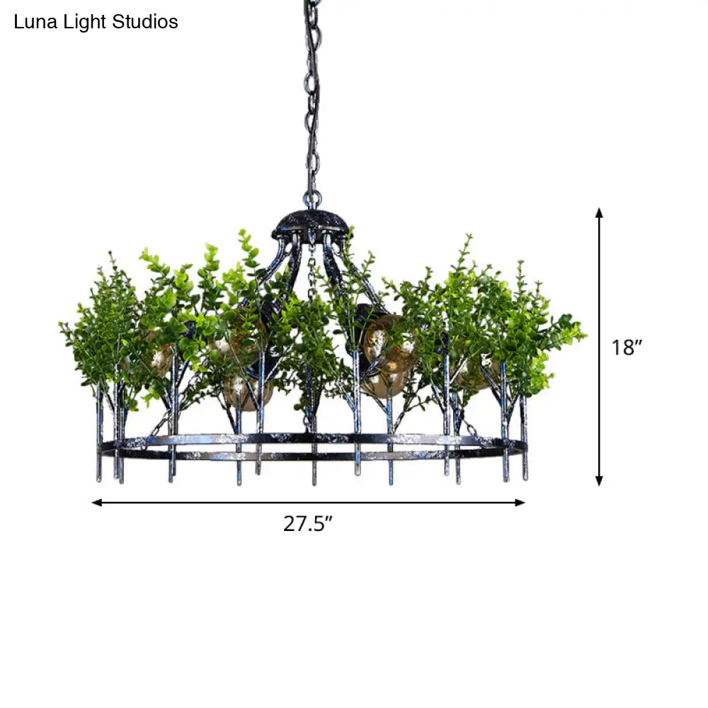 Industrial Style 6-Light Nickel Chandelier With Circular Iron Frame And Plant Design