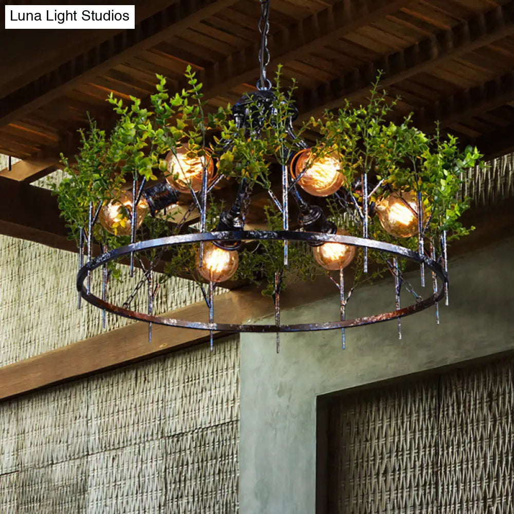 Industrial Style 6-Light Nickel Chandelier With Circular Iron Frame And Plant Design