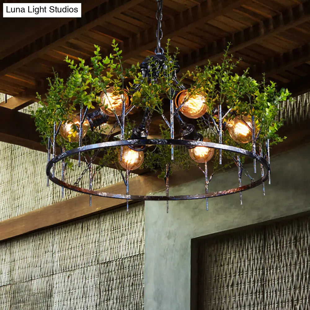 Industrial Iron Chandelier With 6 Nickel Heads - Circular Hanging Light Fixture Plant Decor