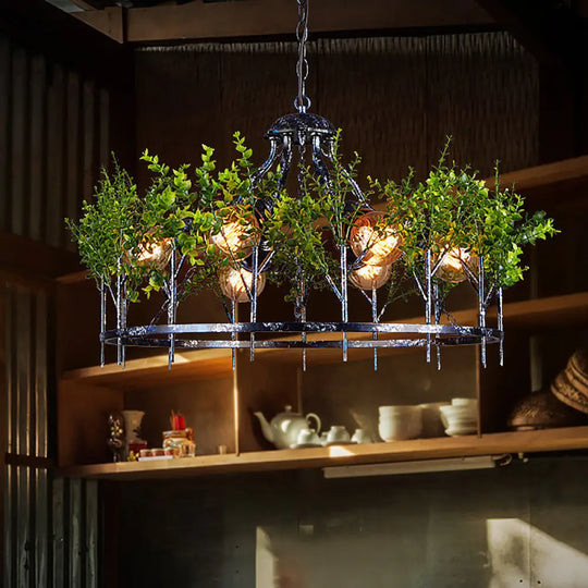 Industrial Style 6-Light Nickel Chandelier With Circular Iron Frame And Plant Design