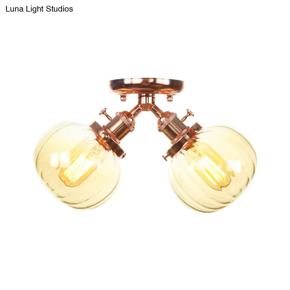 Industrial Style Amber/Clear Glass Ball Pendant Light - 2 Heads Restaurant Ceiling Mounted Lamp
