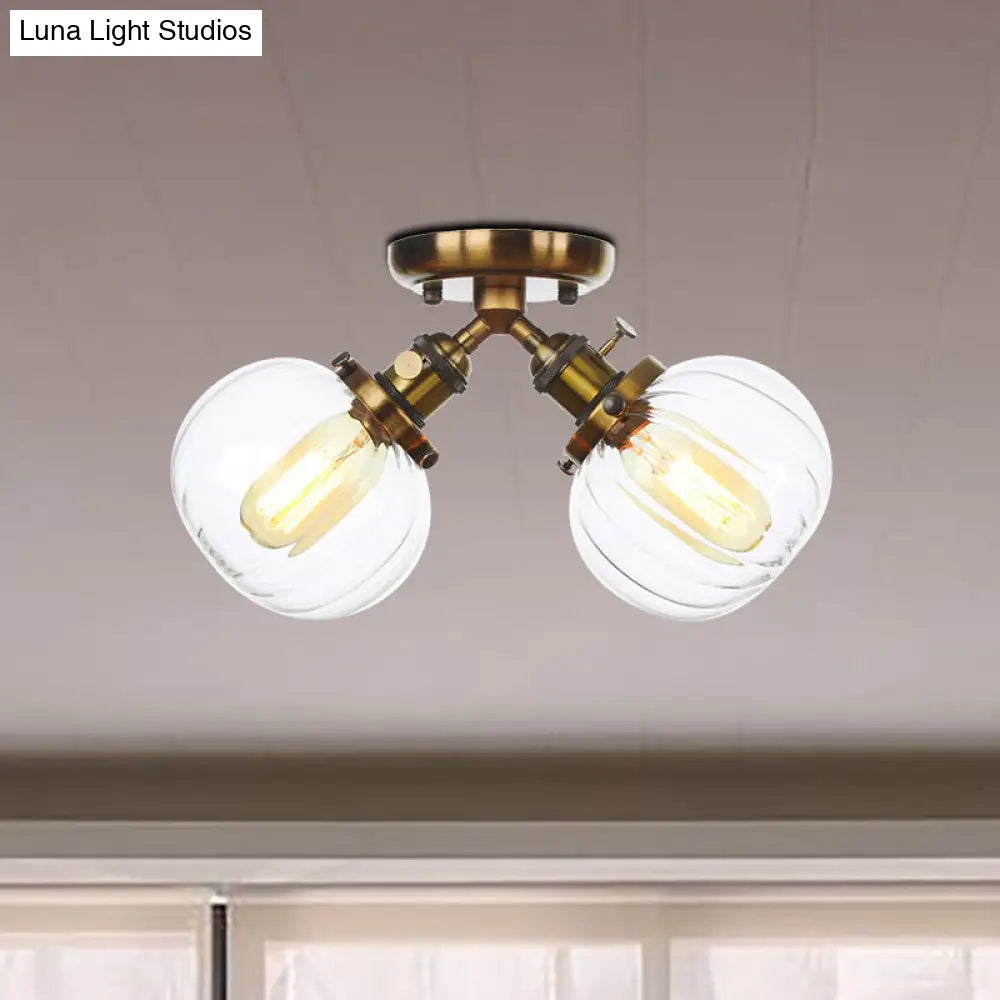Industrial Style Amber/Clear Glass Ball Pendant Light - 2 Heads Restaurant Ceiling Mounted Lamp