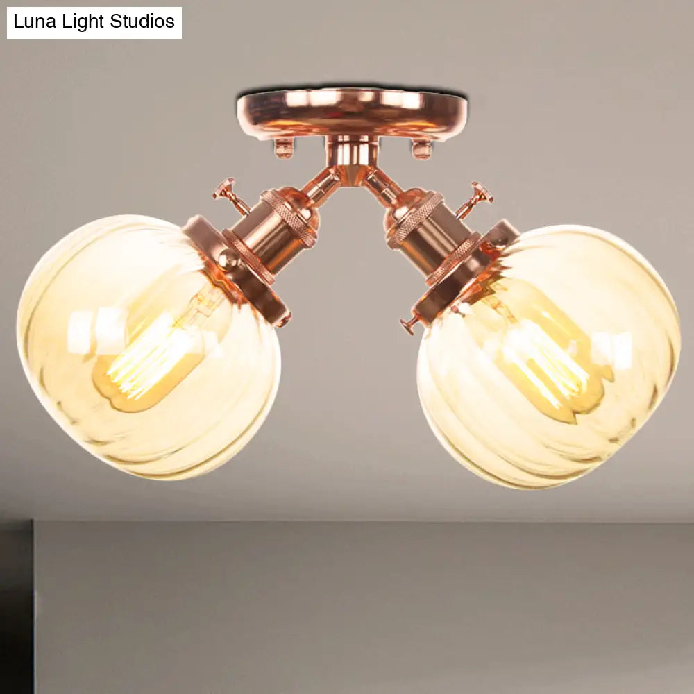 Industrial Style Amber/Clear Glass Ball Pendant Light - 2 Heads Restaurant Ceiling Mounted Lamp Rose